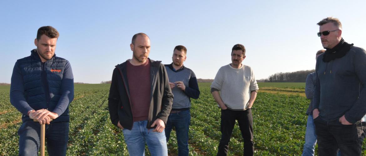 Les conseillers ont pu échanger avec Thomas Schoepfer (à g.), de Gaiago, et Damien Vinot (2ème à g), agriculteur du réseau de fermes références. Photo : H.Flamant.