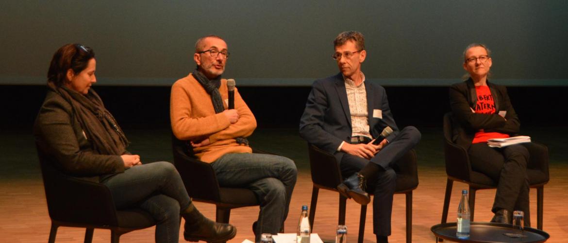 Pascaline Pierson (Arvalis), Philippe Goetgheber (AERM), Mathias Sexe (EMC2) et Séverine Piutti (Ensaia) ont échangé sur la problématique de la gestion de l'eau. Photo : A.Legendre 